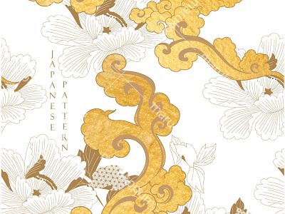 Chinese seamless pattern with gold texture vector. Cloud and peo abstract asian background banner chinese cloud floral art floral pattern gold foil illustration japanese modern pattern peony flower seamless pattern vector wave