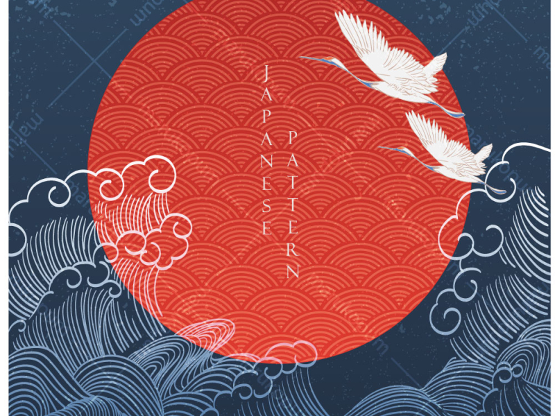 Japanese background with crane birds decoration vector. Hand dra by ...