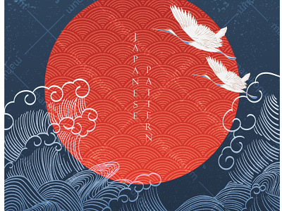 Japanese background with crane birds decoration vector. Hand dra abstract asian background banner chinese crane birds illustration japanese modern moon ocean oriental pattern sea sun traditional vector vintage wave
