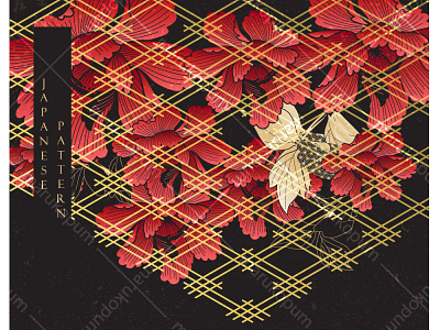 Japanese background with Gold texture in peony flower elements.