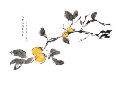 Plum tree chinese painting with Japanese wave pattern vector. Br