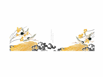 Nature art background with crane birds invitation card template abstract background banner black and white crane birds design flower pattern gold texture hand drawn wave illustration japanese logo pattern ui vector