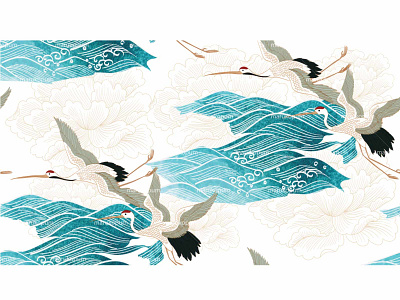 Crane bird decoration vector with hand drawn ocean wave