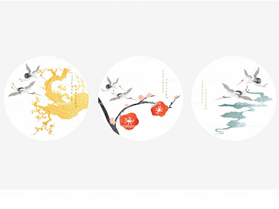 Japanese background with hand drawn crane birds, cloud element