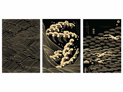 Japanese background with Gold texture in hand drawn wave sea