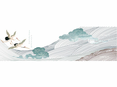 crane birds with line wave pattern vector abstract art background banner chinese cloud crane birds design illustration japanese line pattern logo mountain landscape pattern ui vector