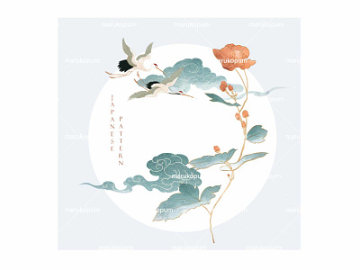 Crane birds with flower and chinese cloud decorations abstract asia background banner china chinese cloud crane birds design flower illustration japanese logo pattern traditional ui vector watercolor texture