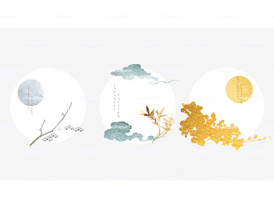 Cherry blossom flower branch, bamboo and chinese cloud element abstract background banner branch of leave chinese cloud design gold texture illustration japanese logo mon natural element pattern sun ui vector watercolor