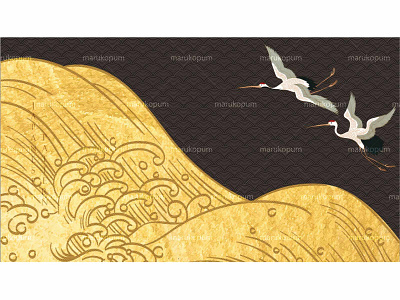 Abstract landscape and ocean sea with crane birds element banner abstract background banner crane birds design gold texture hand drawn line illustration japanese logo ocean sea pattern traditional ui vector wave