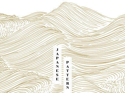 Japanese hand drawn wave background vector. Gold line ocean temp