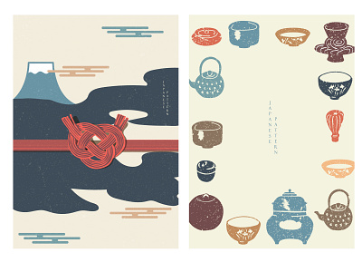 Fuji mountain background with Japanese icons vector. Kitchenware