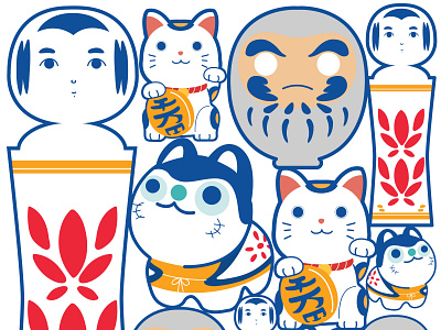 Japanese icons background vector. abstract asian background banner cat chinese daruma dog doll element illustration japanese koshiki pattern toys vector wood