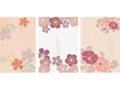 Cherry blossom background with Japanese icons elements. Japanese