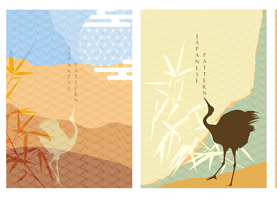 Crane birds with Japanese template vector. Bamboo and moon eleme