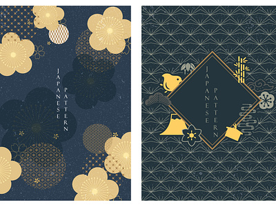 Japanese icons and patterns vector. Blue background with cherry