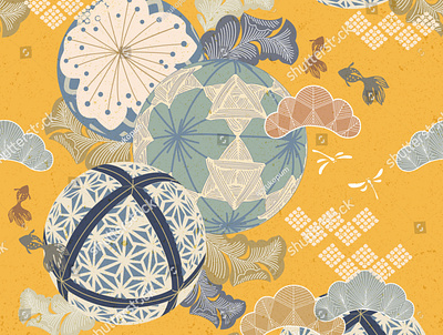 Japanese temari ball pattern vector. Yellow background abstract asian background ball banner bonsai chinese dragonfly element fish geometric illustration japanese koi leaves pattern vector