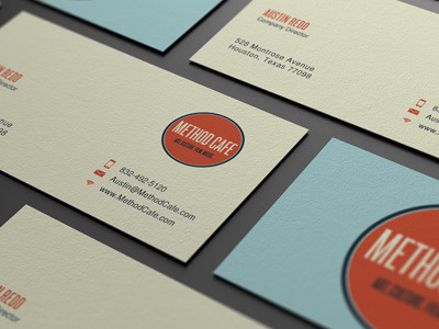Method Cafe blue branding business card circl geometric muted colors orange print design retro simple