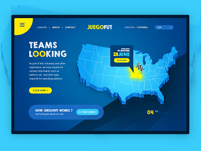 JuegoFut blue design football fut icon map missouri ui usa ux uxui vector web webdesign website website design yellow