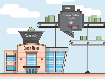 Credit Union Full Illustration belt building cash clouds conveyor credit union flat illustration machine money sky store