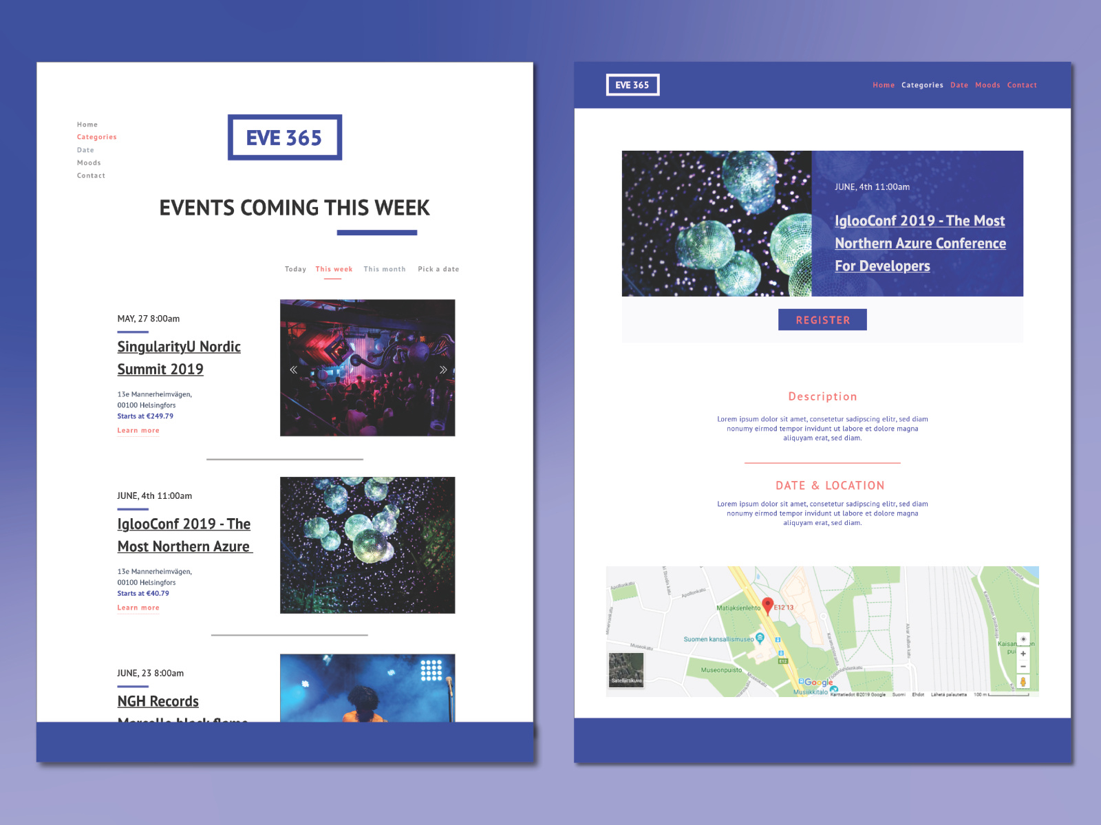 Events concept page UI by Marwa Interactive Designer on Dribbble image.