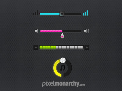 Sound / Volume Sliders blue freebie green icon pixelmonarchy progress bar psd slider sound ui volume yellow