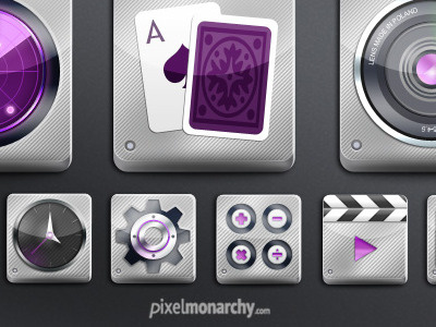 Shine &amp; Steel App Style Icons app calculator camera cards clock freebie icons len pixelmonarchy player psd radar setting ui violet