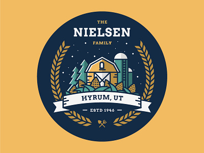 Nielsen Family Crest badge barn corn crest iconography illustration logo patch silo sticker tools trees
