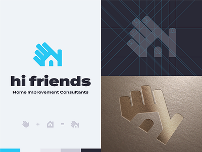'Hi Friends' logo (👋 + 🏠) brand identity branding chimney design hand hi home improvement house icon logo logo design typography vector wave