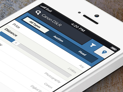 Proximity Based Auctions App auction filtering ios iphone mobile navigation selector slide