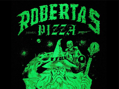 Detail of Glow in the Dark Shirt - Roberta's Pizza brooklyn bushwick glowinthedark handdrawn pizza punk skulls streetwear tshirtgraphics wizards