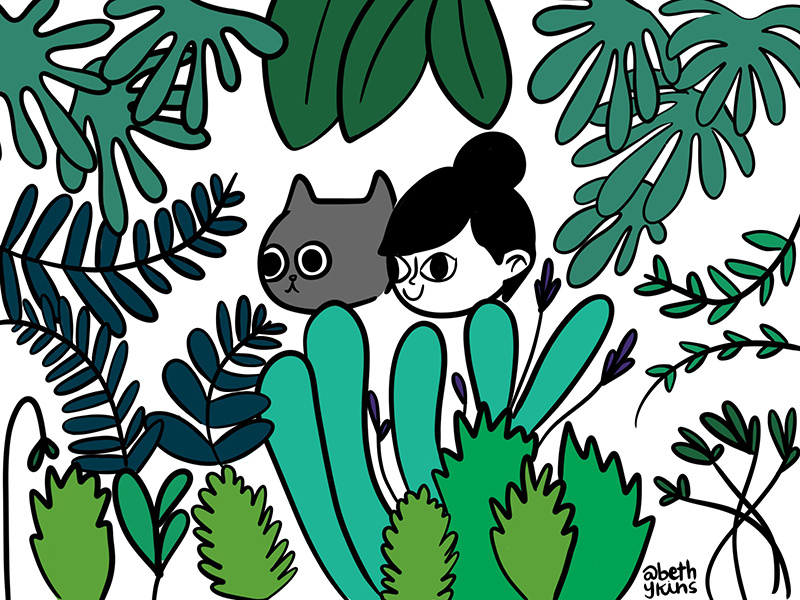 Girl, Cat, Plants kitty green plants girl cat 100catsandhumans