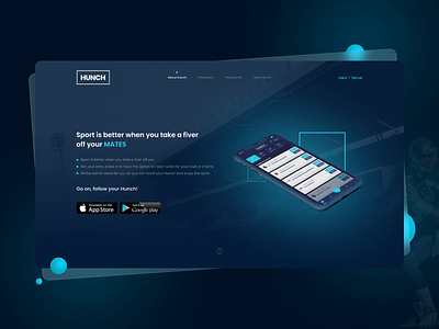 Hunch – Mobile App Landing Page animation app app design application bet betting blue color dark design home page landing landing page sport ui uiux ux web web design website