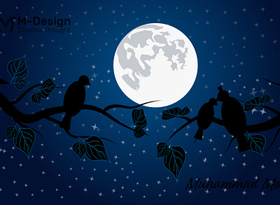 Landscape illustration moonlight night with bird on tree