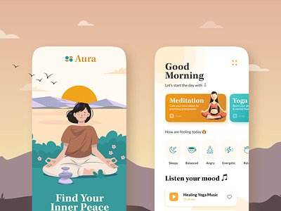 Aura - A Wellness Practice App appdesign graphic design logo meditationapp ui uiinterface uiux yogaapp
