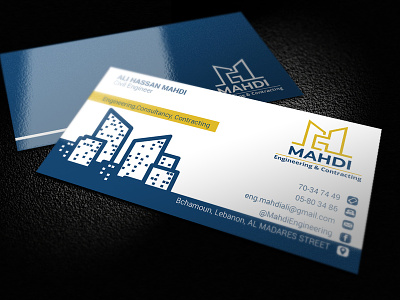 Mahdi Engineering-Consultancy & Contracting Design blue business business card clean consultancy contracting contracting design corporate creative design engineering identity logo mahdi professional simple stationery