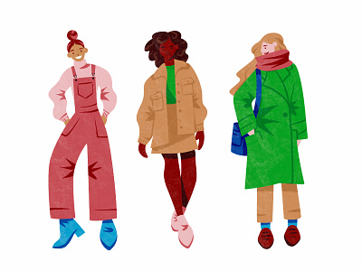 Three cool ladies bright clothing colourful cute design fashion flat girls illustration illustrator jacket jumper overalls people scarf skirt style stylist women