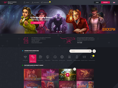 Reactcasino UX/UI Design bannner bonus branding casino casino lobby design gambling illustration online casino photoshop promotions sketch ui uidesign ux ux design uxresearch vector web website concept