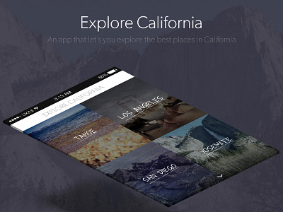 Explore California app explore los angeles mobile modern mountains purple san diego tahoe visit white yosemite