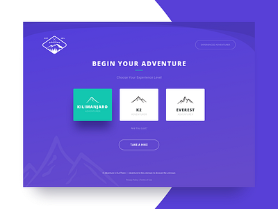 Begin Your Adventure adventure application blackflagcreative clean design flat homepage landing page modern purple sketch tourism travel ui ux website