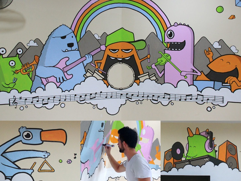 Music Room Mural rainbow band monsters painting music mural