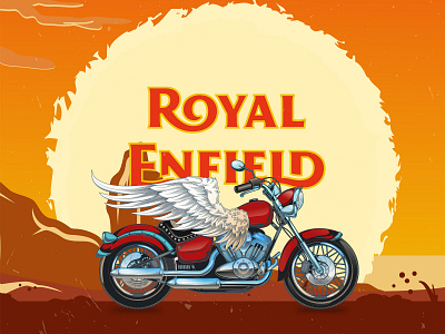 Royal Enfield Artwork challenges design designer illustration illustrator motorbike mountain retro royal sunset ux wings