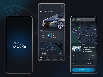 Jaguar EV App Design app blue car app dark design electric vehicle ev glassmorphism ipace jaguar smart ui ux