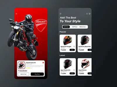 Helmet App - Mobile Application Design Concept agv app axor bike bmw caferacer concept dark design ducati figma helmet honda inspiration royal enfield sports steelbird trending ui vega