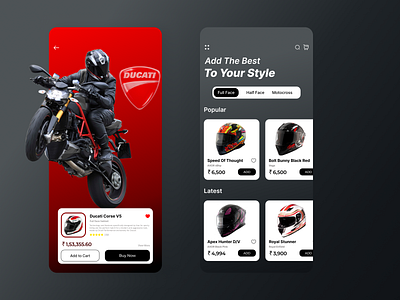 Helmet App - Mobile Application Design Concept agv app axor bike bmw caferacer concept dark design ducati figma helmet honda inspiration royal enfield sports steelbird trending ui vega