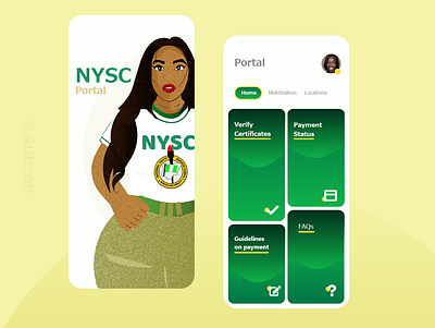 NYSC app adobe xd africa african woman app arounda clean design dribbble best shot green illustration interface ios mobile ui nigeria nysc popular recent shots ui user experience