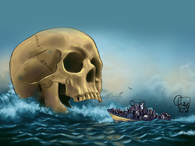 death boats arab boats dead death boat digital art digital painting digitalart disaster emergency immigration man people sea skull sunset syria