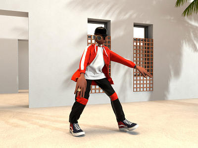 New moves 3d 3d art 3d character architecture art direction c4d cgi character colour creative dancing hip hop marvelous designer octanerender red render sunglasses trainers