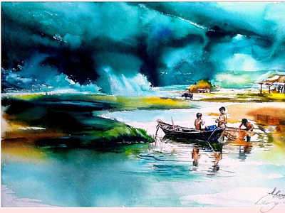 Dreamy watercolor boat illustration painting watercolor
