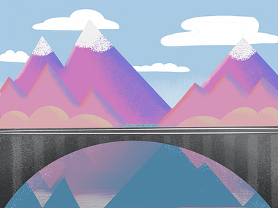 Mountains bridge drawing illustration lake landscape mountian water