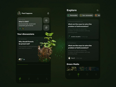 Mobile app of the Ecology Forum android app application dark dark theme design eco eco app ecology ecology app figma forum green interface ios mobile mobile app ui ux